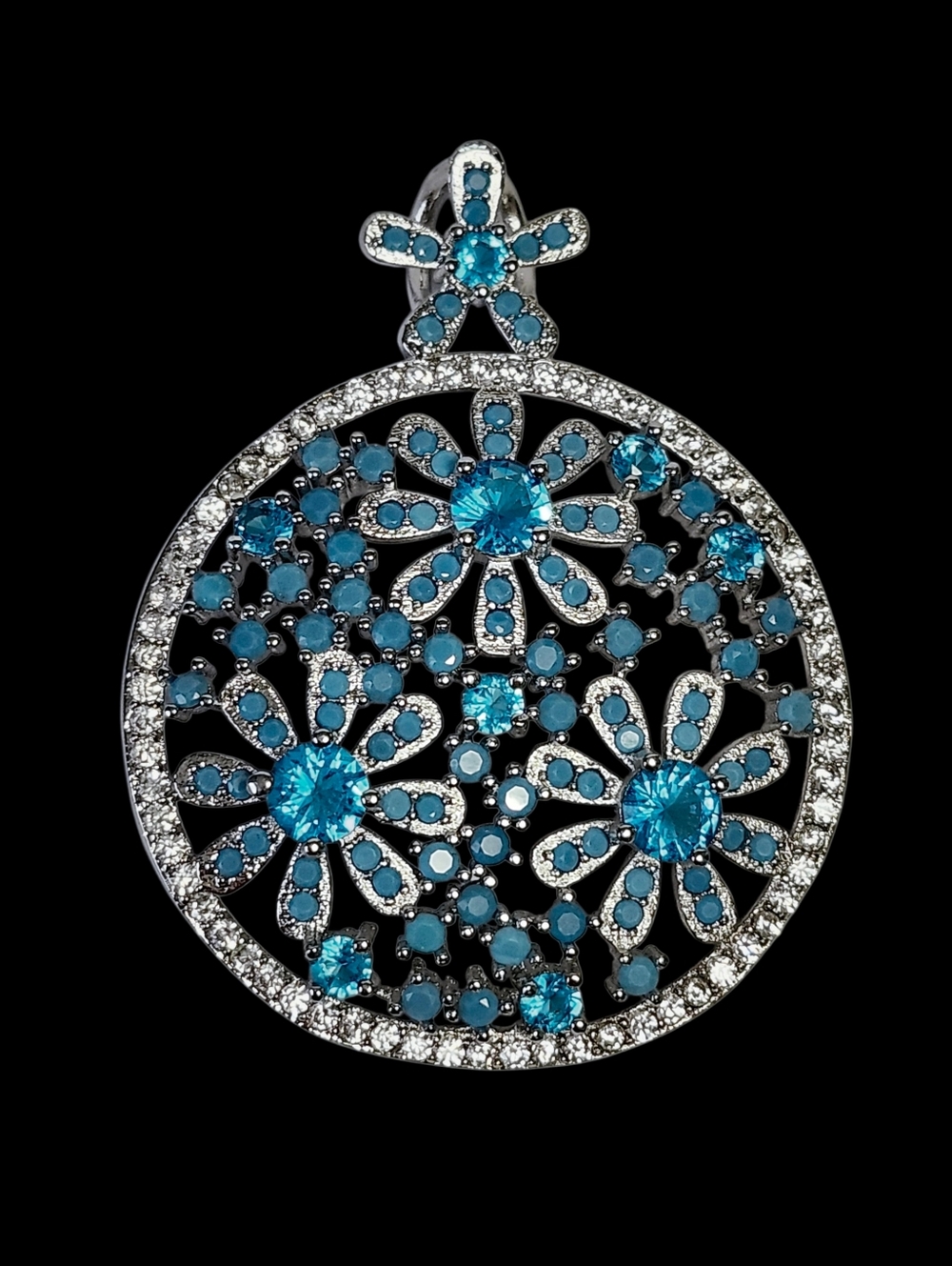 Sterling Silver Blue Quartz Floral Round Pendant Necklace